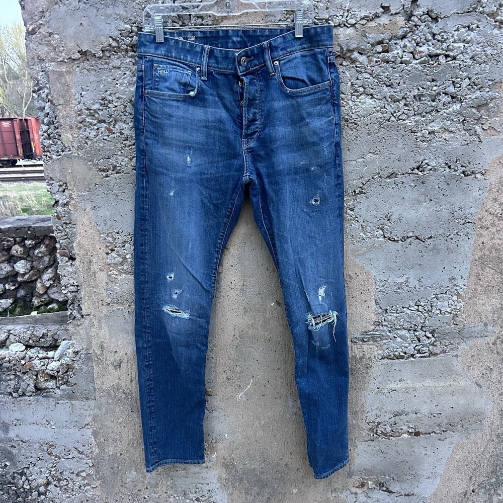 G-Star‎ RAW 3301 Slim Jeans Mens 32x32 Distressed Blue Button Fly Straight Denim